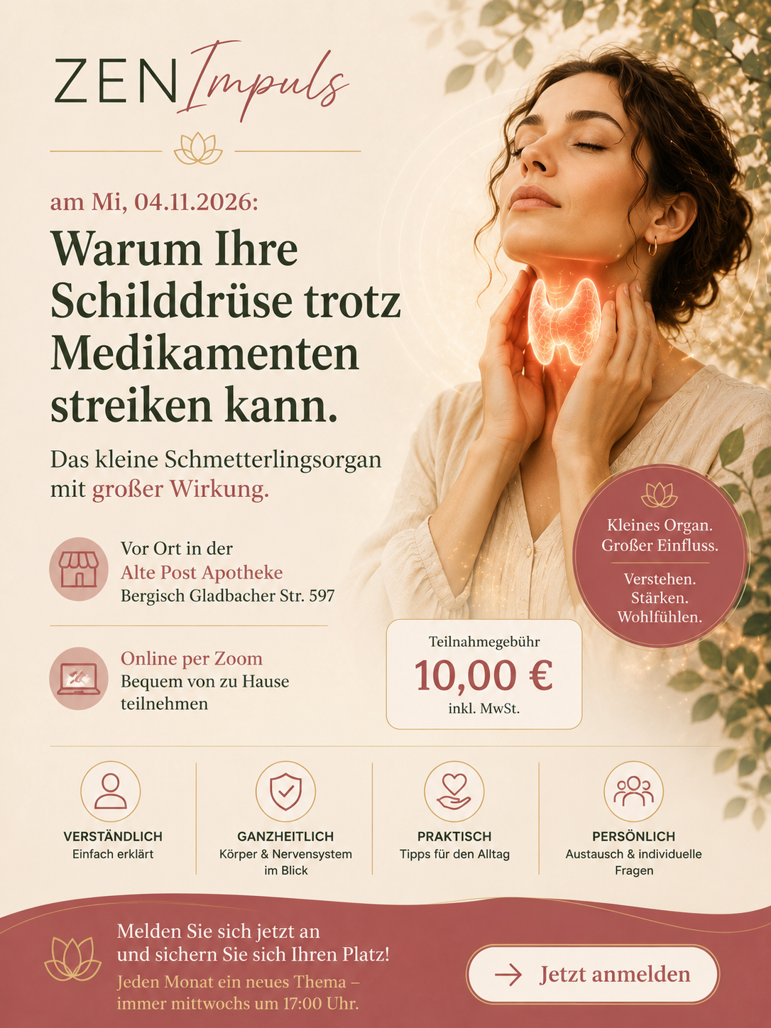 ZENImpuls am Mi, 04.11.2026: Warum Ihre Schilddrüse trotz Medikamenten streiken kann. Das kleine Schmetterlingsorgan mit großer Wirkung.